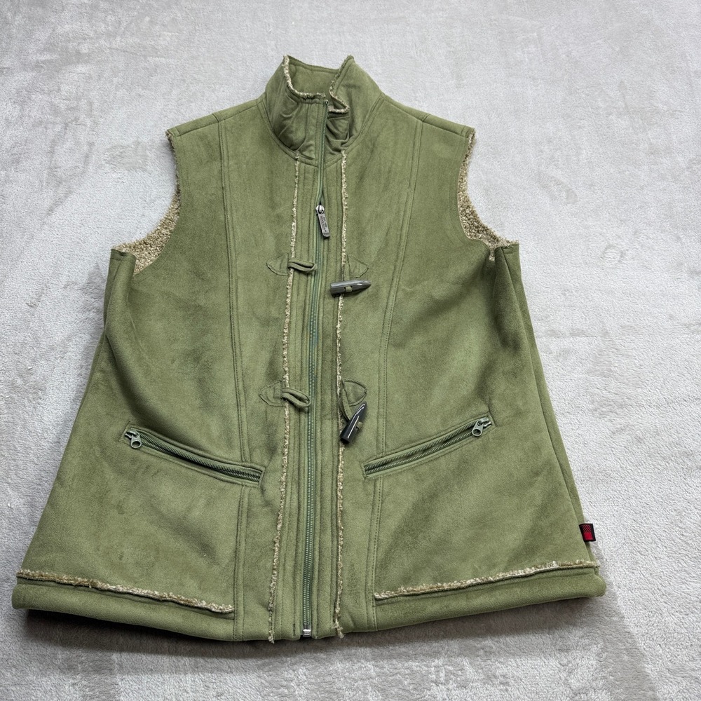 Woolrich Vest Women Large Sage Green Faux Suede Sherpa Lined Toggle Zip Gorpcore